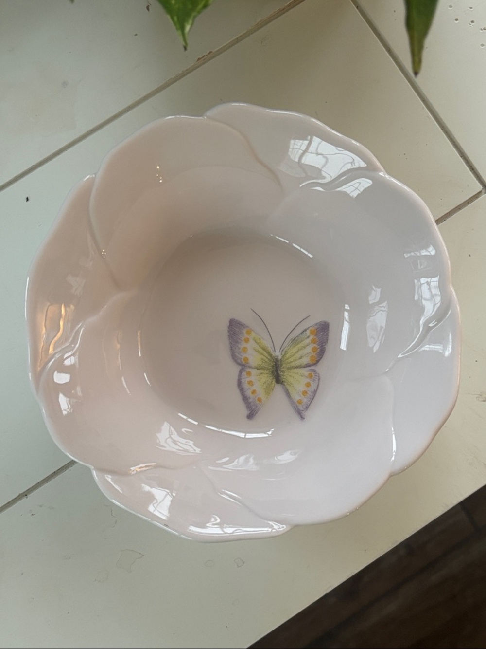 Noritake Pale Pink Scalloped Bowl with Yellow & Purple Butterfly